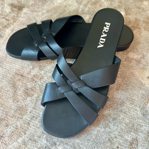Prada Women's Black Leather Slides-Women’s size 38.5 - Picture 1 of 6